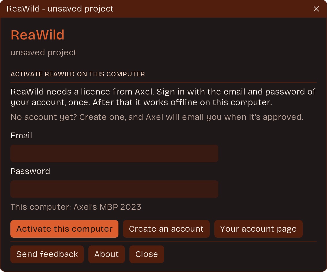 ReaWild's sign-in window in REAPER: email, password and an Activate this computer button